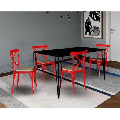 Jogo De Mesa Elen Retangular 140X80Cm Preto Com 4 Cadeiras Katrina Vermelha Assento - Preto