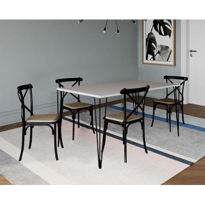 Jogo De Mesa Elen Retangular 140X80Cm Branco Com 4 Cadeiras Katrina Preto Assento B - Branco