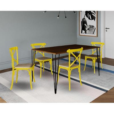Jogo De Mesa Elen Retangular 140X80Cm Amêndoa Com 4 Cadeiras Katrina Amarela Assent - Marrom