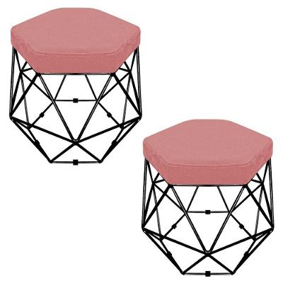 Kit 02 Puffs Banco Aramado Hexagonal Preta Suede Rosê