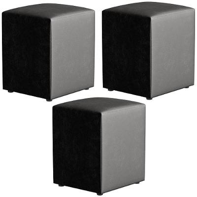 Kit 03 Puffs Quadrado L02 Decorativo Preto Brilho