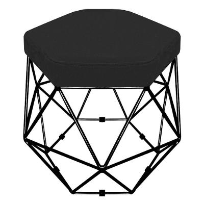 Puff Banco Aramado Hexagonal Base Eiffel Preta Suede Preto