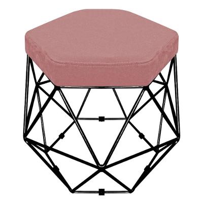 Puff Banco Aramado Hexagonal Base Eiffel Preta Suede Rosê