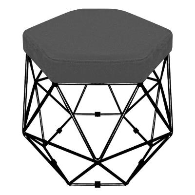 Puff Banco Aramado Hexagonal Base Eiffel Preta Suede Cinza