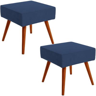 Kit 02 Puffs Banqueta Com Pés Palito Suede Azul Marinho