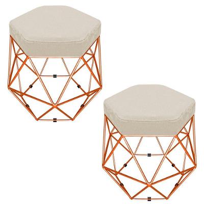 Kit 02 Puffs Banco Aramado Hexagonal Base Eiffel Bronze Bege