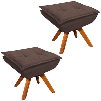 Kit 2 Puff'S Decorativos Base Giratória Em Madeira Charger Suede Marrom G19 - Gran Belo