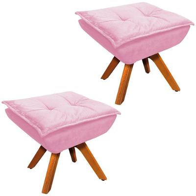 Kit 2 Puff'S Decorativos Base Giratória Em Madeira Charger Suede Rosa G19 - Gran Belo