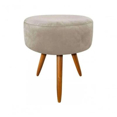 Puff Banqueta Magnus Redondo Suede Bege Pés Castanho Palito para Hall de Entrada E Sala