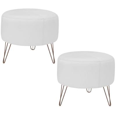 Kit 02 Puffs Decorativos Redondo Couro Branco Fosco