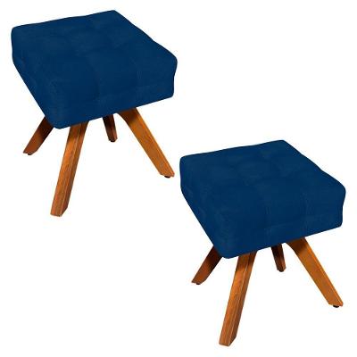 Kit 02 Puffs Giratório Elisa Suede Base Madeira Mm30 Azul