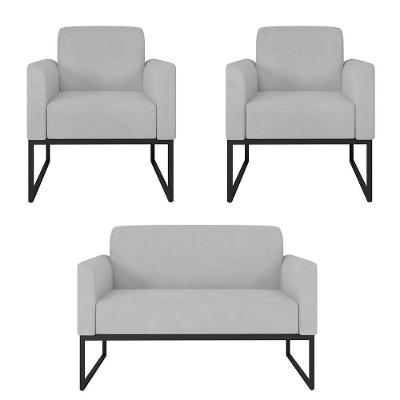 Kit 1 Namoradeira 2 Poltronas Cinza Industrial Metálica