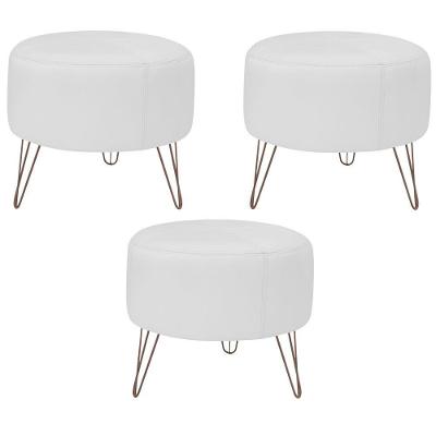 Kit 03 Puffs Decorativos Redondo Couro Branco Fosco