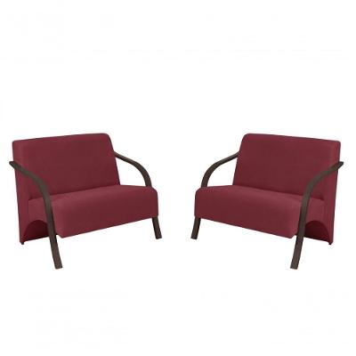Kit 2 Poltronas 2 Lugares Suede Braço Madeira Bordô
