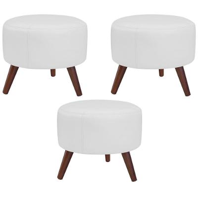 Kit 03 Puffs Decorativos Redondo Couro Branco Fosco