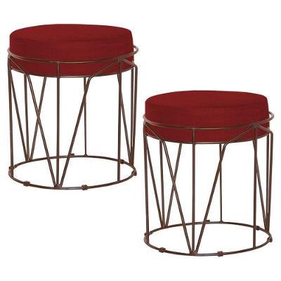 Kit 2 Puffs Sala de Estar Base Bronze Chloe Veludo Vermelho