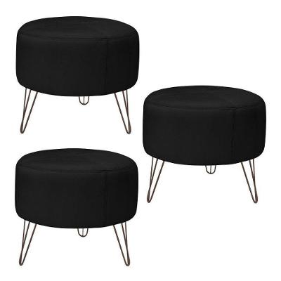 Kit 3 Puffs Decorativos Redondo Couro Preto