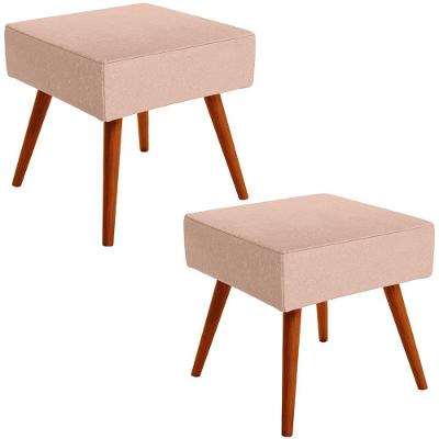 Kit 02 Puffs Banqueta Decorativa Com Pés Palito Linho Rosê