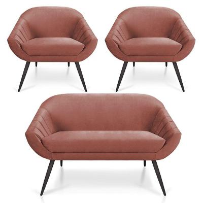Kit 01 Namoradeira 02 Lugares E 02 Poltronas Giovana Veludo Pés Palito De Ferro Rose
