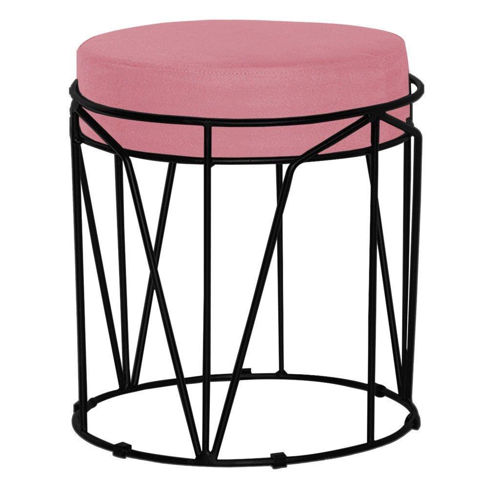 Puff Sala de Estar Base Preto Chloe Suede Rosa Gran Belo - 1