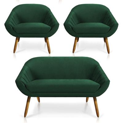 Kit 01 Namoradeira e 02 Poltronas Veludo Verde Esmeralda Castanho