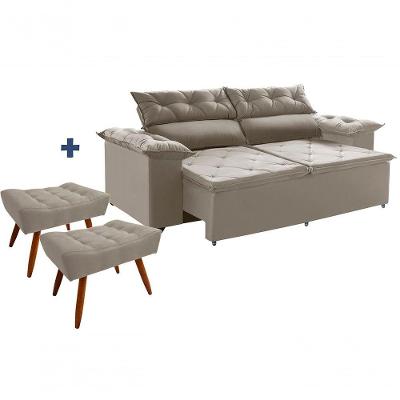Conjunto Sofá Compact 200cm Molas Espirais Com 2 Puffs