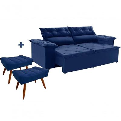 Conjunto Sofá 200cm Molas Espirais Com 2 Puffs Azul