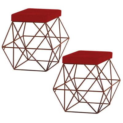 Kit 2 Puffs Decorativo Base Bronze Trixie Veludo Vermelho