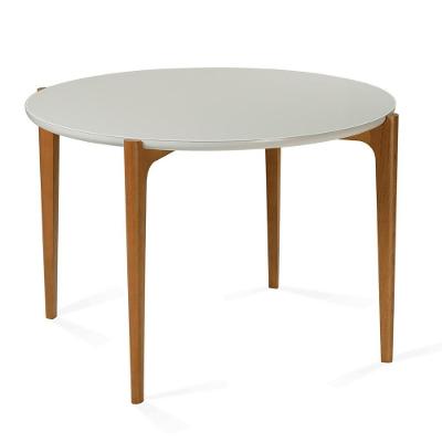 Mesa De Jantar Madrid Univ Redonda 110 Cm Tampo Madeira Com Vidro Colado Branco Base Madeira Amêndoa