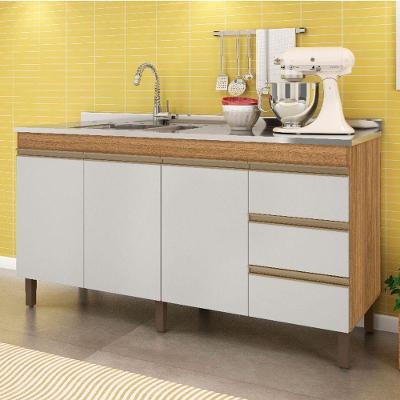 Balcão De Cozinha Karen 160cm Sem Tampo 3 Portas E 3 Gavetas Nature E Off White - Peternella Móveis.