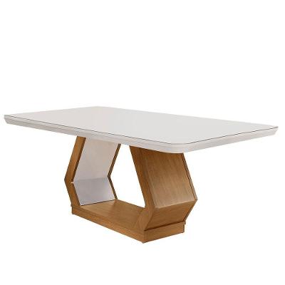 Mesa Sala De Jantar Lara 180cm Em Mdf E Vidro Com Canto Copo Off White/ Imbuia/ Serig. Off