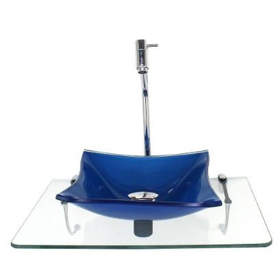 Kit Cuba Vidro 10mm Azul Escuro Tampo 50cm Incolor Torneira
