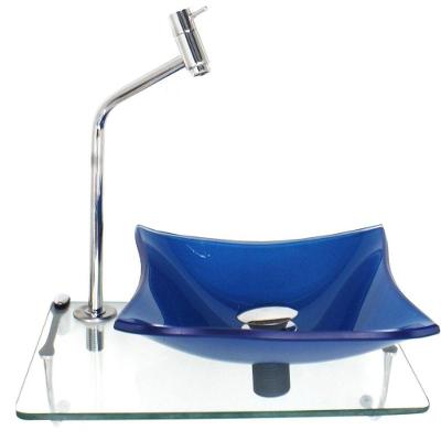 Kit Cuba Vidro 10mm Azul Escuro Tampo 40cm Incolor Torneira