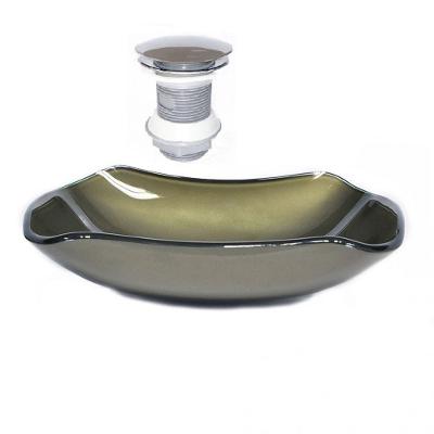 Cuba de Vidro Abaulada 51cm Ouro Envelhecido + Valvula Click