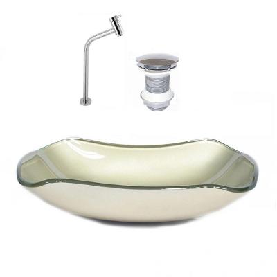 Cuba de Vidro Abaulada 51cm Champanhe + Valvula + Torneira