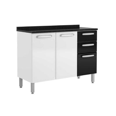 Balcão de Cozinha Evidence 7124 3 Portas e 2 Gavetas c/ Tampo 120cm Branco/Preto - Bertolini
