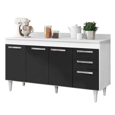 Balcão Gabinete De Pia 150Cm 4 Portas 2 Gavetas Com Tampo Lis L03 Branco Preto