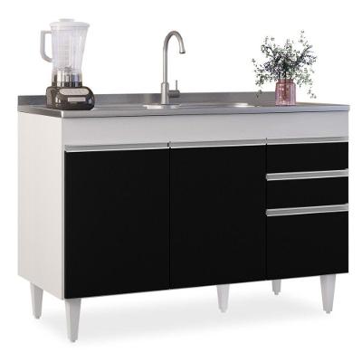 Balcão Gabinete 120cm 3 Portas 2 Gavetas Branco preto
