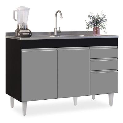 Balcão Gabinete 120cm 3 Portas 2 Gavetas Preto cinza