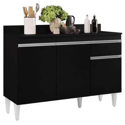 Balcão Gabinete 120cm Com Tampo 3 Portas 1 Gaveta Preto