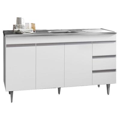 Balcão Gabinete Com Pia Inox 150cm 3 Portas 3 Gavetas Andréia Branco