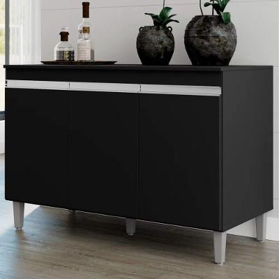 Balcão Gabinete 120cm 3 Portas Com Tampo Manu Preto - Ajl Móveis