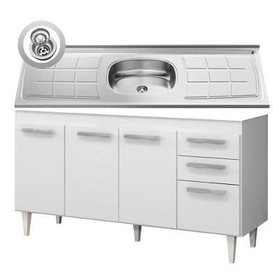 Balcão Gabinete Lis e Pia Inox 150cm 4 Portas Branco