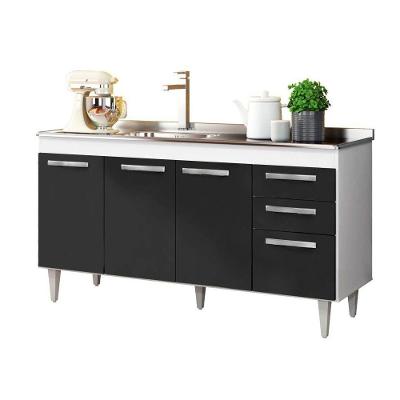 Balcão Gabinete Lisboa e Pia Inox 150cm Branco e Preto