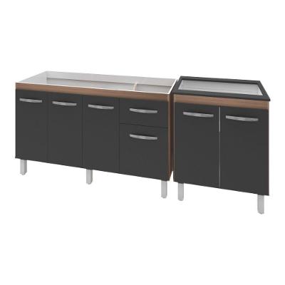 Armário Cozinha Gabinete Pia De 140 Cm Camile Com Balcão Cooktop 5 Bocas Savana Frente Preta Jade