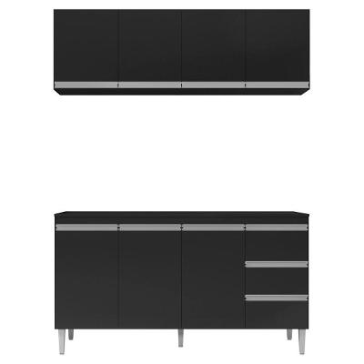 Balcão Gabinete 160cm 3 Portas E Armário Aéreo Preto