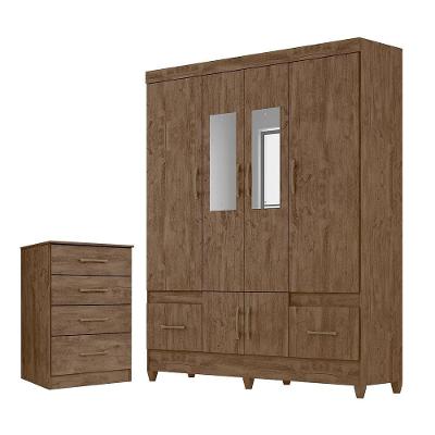Conjunto Guarda Roupa Com Espelho E Cômoda Gokyo Castanho Wood