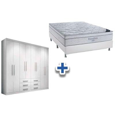 Cama Box Casal + Colchão Freedom Ortobom + Guarda Roupa Master 8.6 Branco
