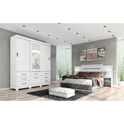 Quarto De Casal Com Guarda Roupas Com Espelho Luiza E Cabeceira Extensível Mila Panan Branco