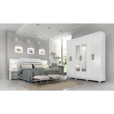 Quarto De Casal Com Guarda Roupas Com Espelho Clara E Cabeceira Extensível Mila Panan Branco